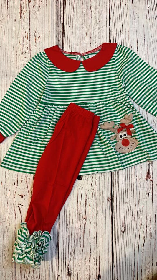 RTS Deer Green Striped Girl 2pc