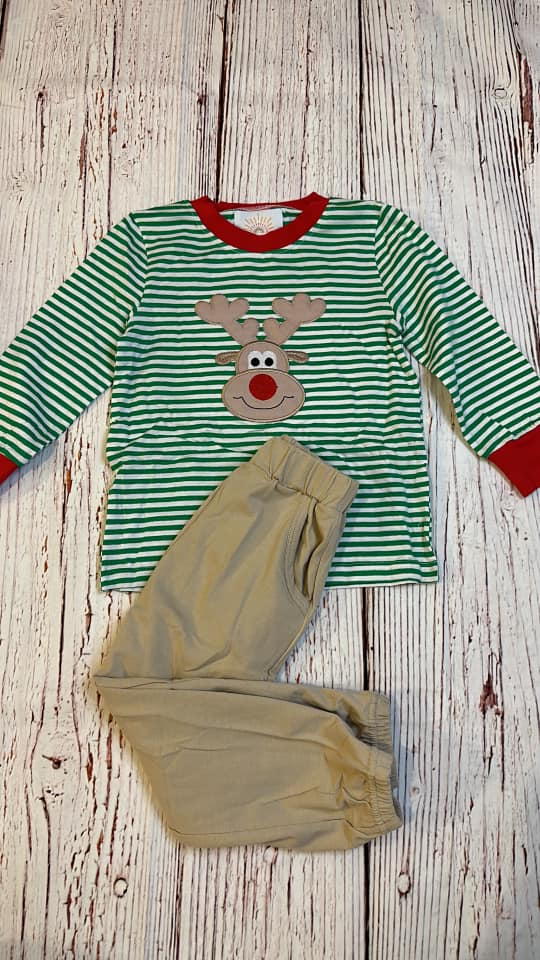 RTS Deer Green Striped Boy 2pc