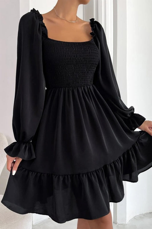 RTS Ruffled Square Neck Black Dress