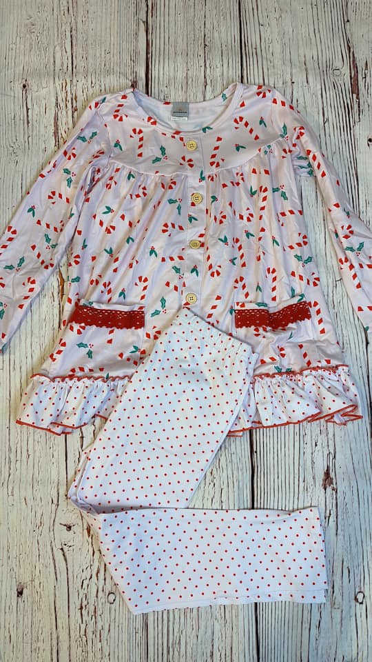 RTS Candy Cane White Dot Pant Set